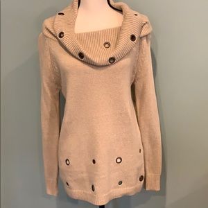 Tan Cowl Neck Sweater with Grommet Detail